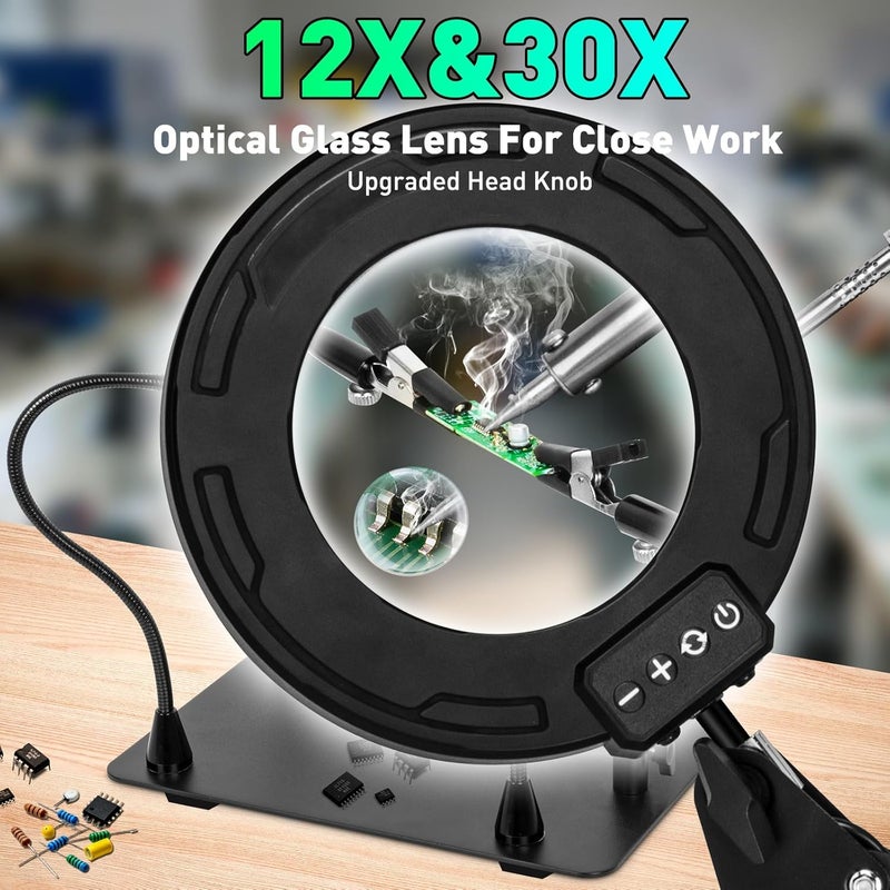 KUVRS 30X/12X Bifocals Magnifying Glass with Light and Stand, 14.2'' Magnetic Soldering Helping Hands, 5 Color Stepless Dimmable, Large Base & Clamp LED Magnifier for Repair Craft Hobby Model Painting - Image 2